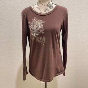 Beverly Hills Brown Long Sleeve TShirt Fleur de Lis Rhinestone‎ Bling Y2k M